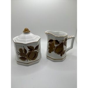 Vintage Creamer and‎ Sugar Bowl Set Fruit Design Kitchen Decor Octagon
